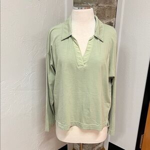 Faherty Women's Sunwashed Polo Mint Green Long Sleeve Organic Cotton Size Large